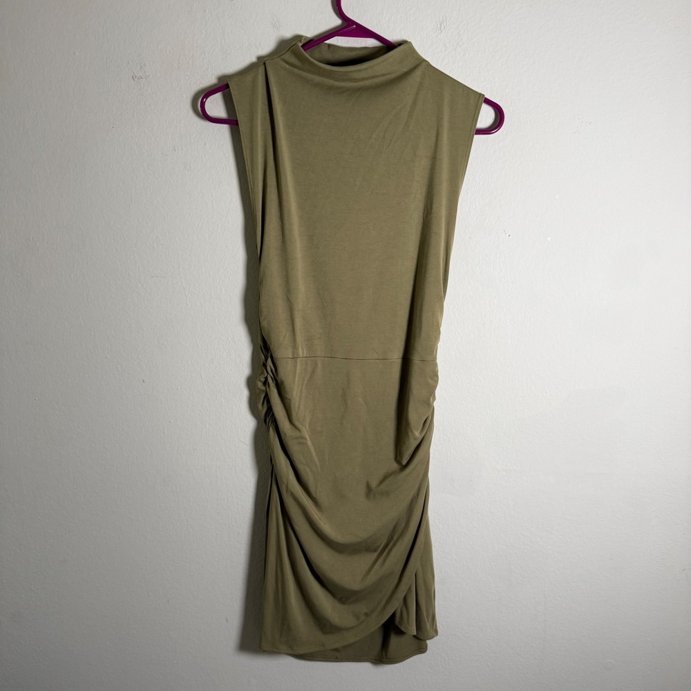 Wilfred Aritzia Olive Green Mock Neck Ruched Sleeveless Mini Dress Size S 110796